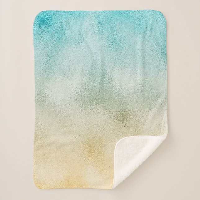 Aqua and Gold Ombre Foil Sherpa Blanket (Front)