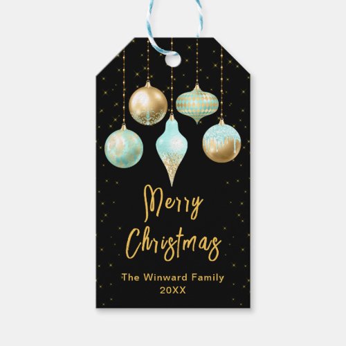 Aqua and Gold Ornaments Merry Christmas Gift Tags