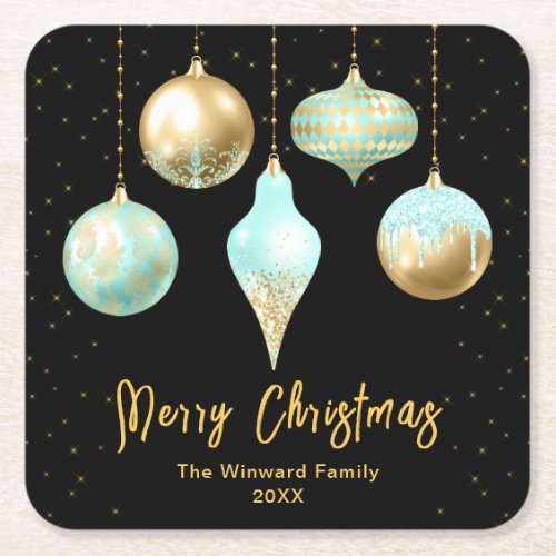 Aqua and Gold Ornaments Merry Christmas Square Paper Coaster