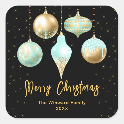 Aqua and Gold Ornaments Merry Christmas Square Sticker