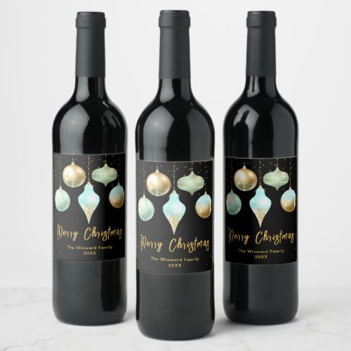 Aqua and Gold Ornaments Merry Christmas Wine Label