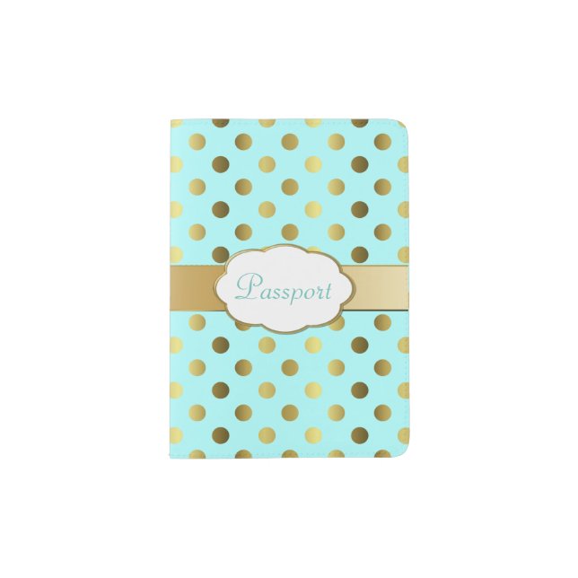 Aqua and Gold Polka Dot Passport Holder (Front)