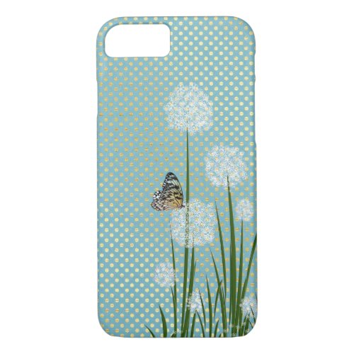 aqua and gold polka dot with flowers and butterfly iPhone 87 case