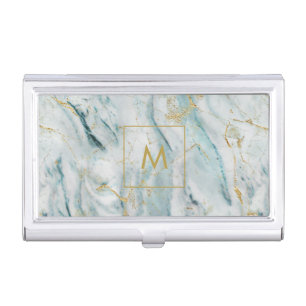 Aqua and Gold Printed Marble Texture Monogrammed Business Card Case