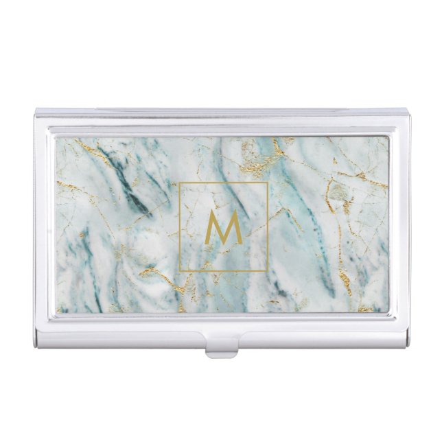 Aqua and Gold Printed Marble Texture Monogrammed Business Card Case (Front)
