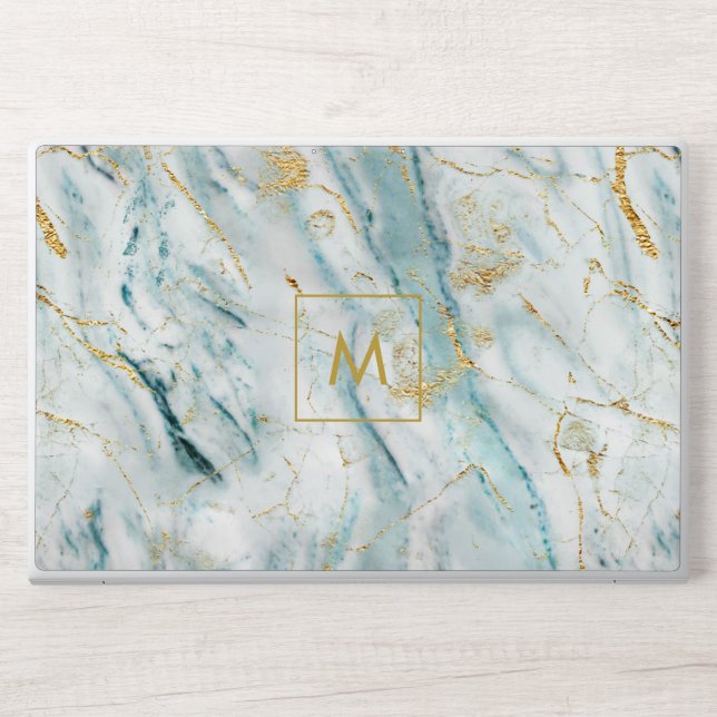 Aqua and Gold Printed Marble Texture Monogrammed HP Laptop Skin (Front)
