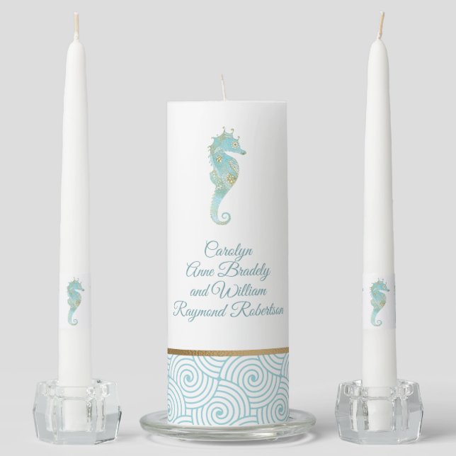 Aqua and Gold Seahorse Wedding Unity Candle Set (Front)