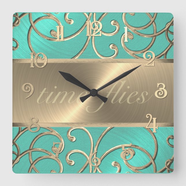 Aqua and Gold Time Flies Clock (Front)