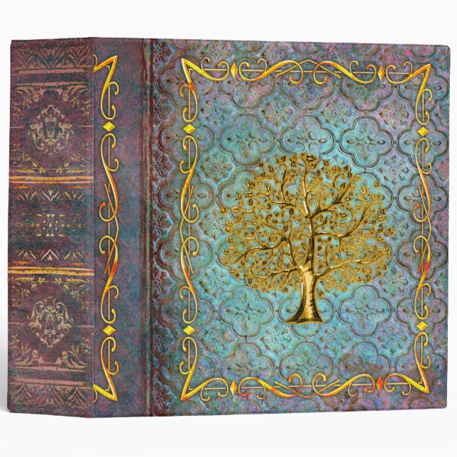 Aqua and Gold Tree of Life Ancient Tome 3 Ring Binder (Front/Spine)