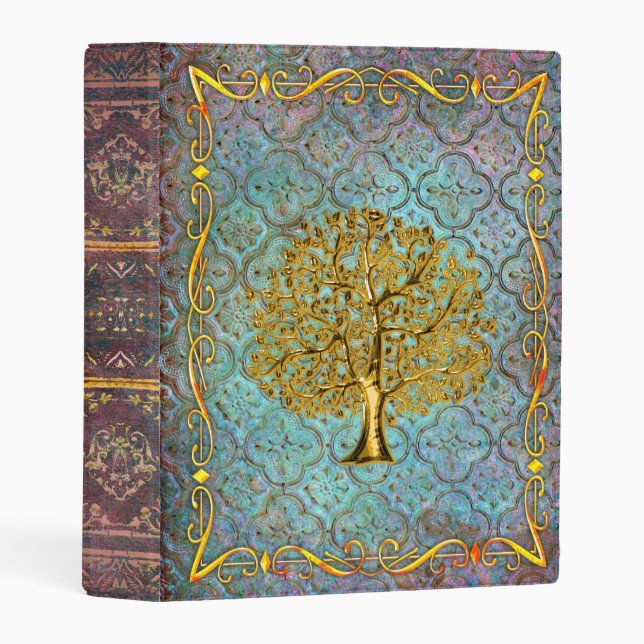 Aqua and Gold Tree of Life Ancient Tome Mini Binder (Front/Spine)