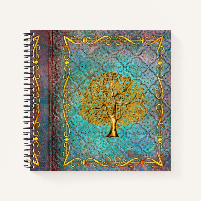 Aqua and Gold Tree of Life Ancient Tome Notebook (Front)