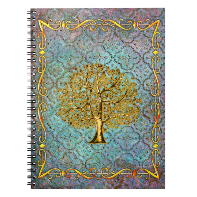 Aqua and Gold Tree of Life Ancient Tome Notebook (Front)