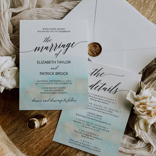 Aqua and Gold Watercolor Beach All In One Marriage Invitation