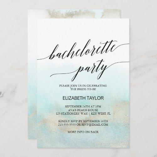 Aqua and Gold Watercolor Beach Bachelorette Party Invitation