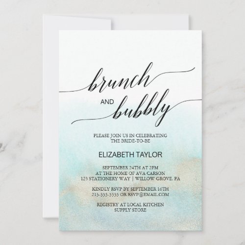 Aqua and Gold Watercolor Beach Brunch and Bubbly Invitation