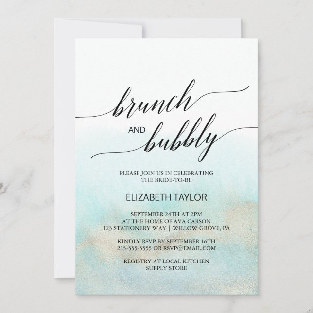 Aqua and Gold Watercolor Beach Brunch and Bubbly Invitation (Front)