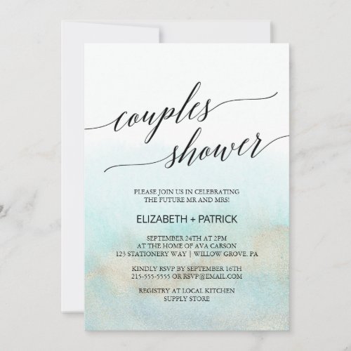 Aqua and Gold Watercolor Beach Couples Shower Invitation
