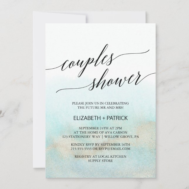 Aqua and Gold Watercolor Beach Couples Shower Invitation (Front)