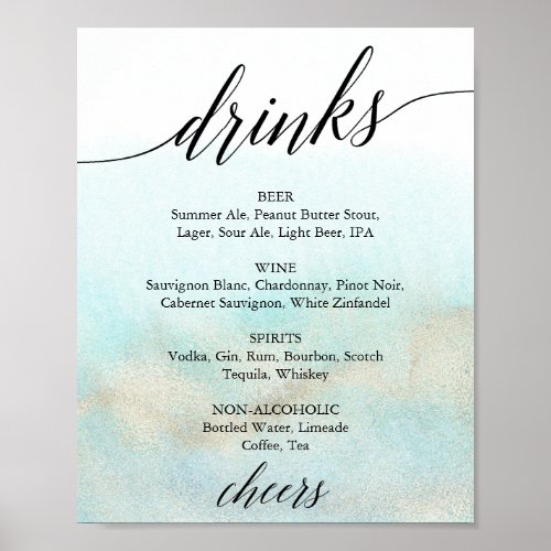 Aqua and Gold Watercolor Beach Drink Menu Sign