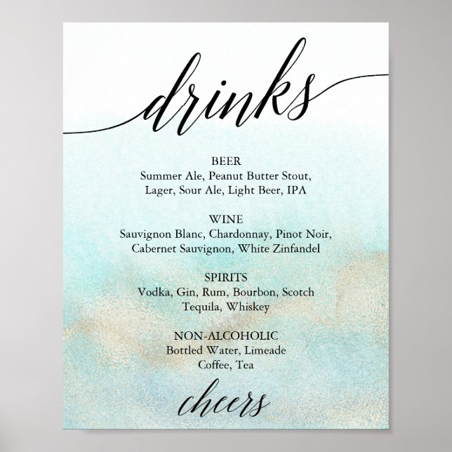 Aqua and Gold Watercolor Beach Drink Menu Sign (Front)
