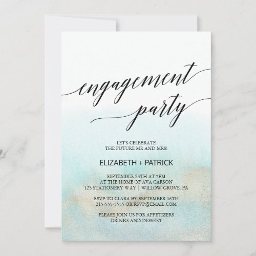 Aqua and Gold Watercolor Beach Engagement Party Invitation