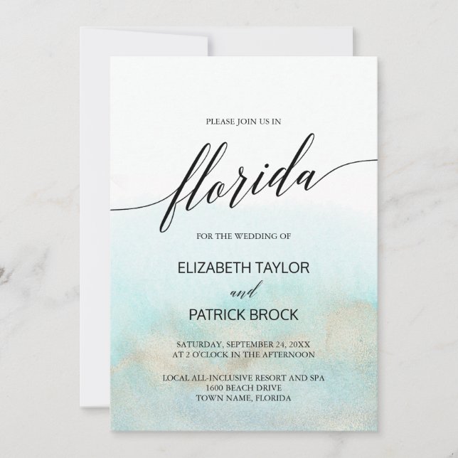 Aqua and Gold Watercolor Beach Florida Wedding Invitation (Front)
