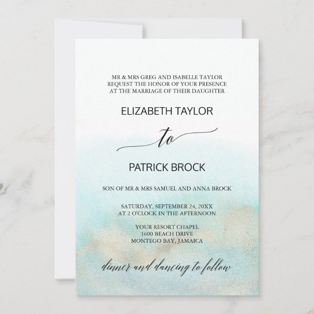 Aqua and Gold Watercolor Beach Formal Wedding Invitation (Front)