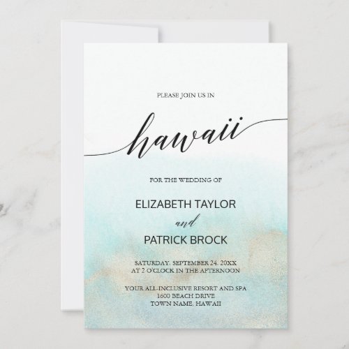 Aqua and Gold Watercolor Beach Hawaii Wedding Invitation