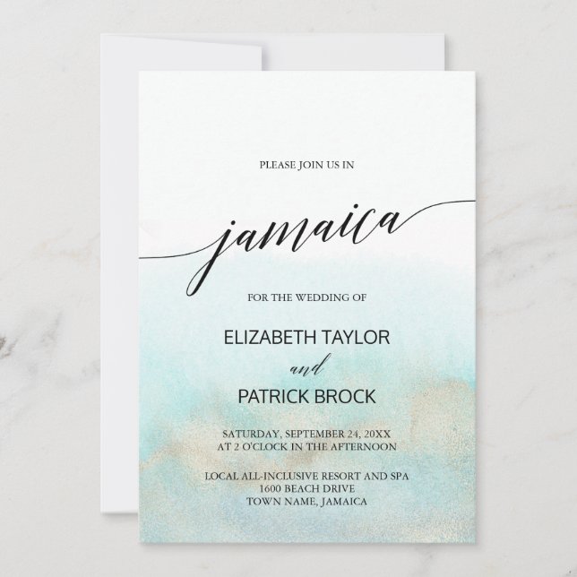 Aqua and Gold Watercolor Beach Jamaica Wedding Invitation (Front)