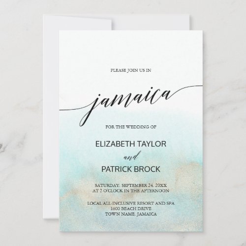 Aqua and Gold Watercolor Beach Jamaica Wedding Invitation