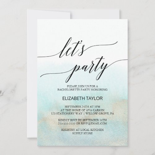 Aqua and Gold Watercolor Beach Lets Party Invitation