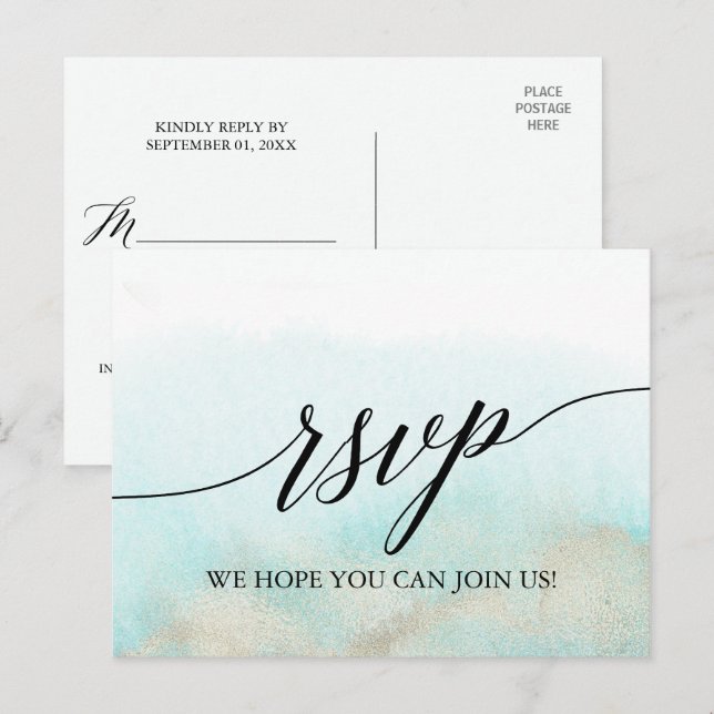 Aqua and Gold Watercolor Beach Menu Choice RSVP (Front/Back)