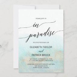 Aqua and Gold Watercolor Beach Paradise Wedding Invitation | Zazzle