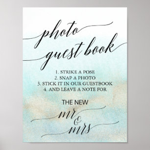 Aqua and Gold Watercolor Beach Photo Guest Book