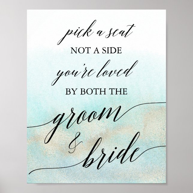 Aqua and Gold Watercolor Beach Pick A Seat Sign (Front)