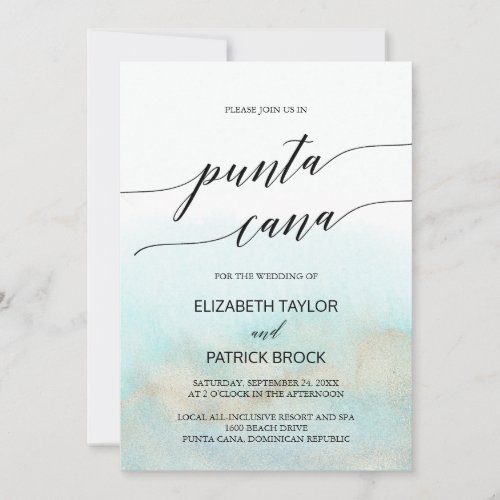Aqua and Gold Watercolor Beach Punta Cana Wedding Invitation