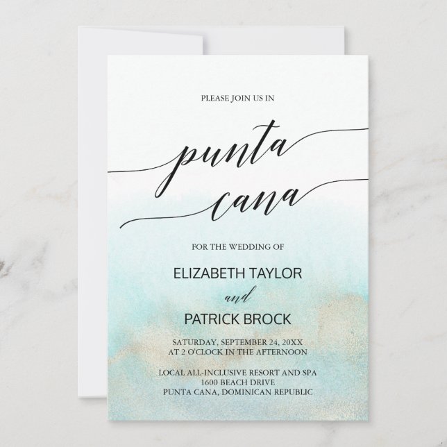 Aqua and Gold Watercolor Beach Punta Cana Wedding Invitation (Front)