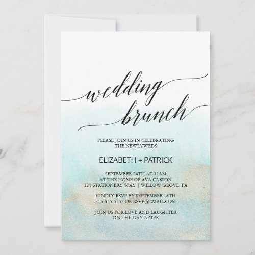 Aqua and Gold Watercolor Beach Wedding Brunch Invitation