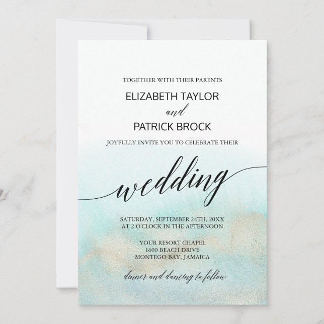 Aqua and Gold Watercolor Beach Wedding Invitation (Front)