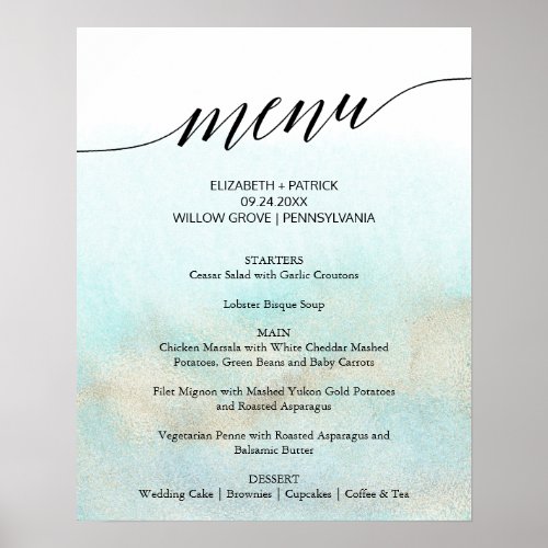 Aqua and Gold Watercolor Beach Wedding Menu Sign