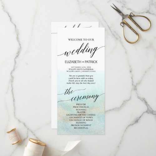 Aqua and Gold Watercolor Beach Wedding Program