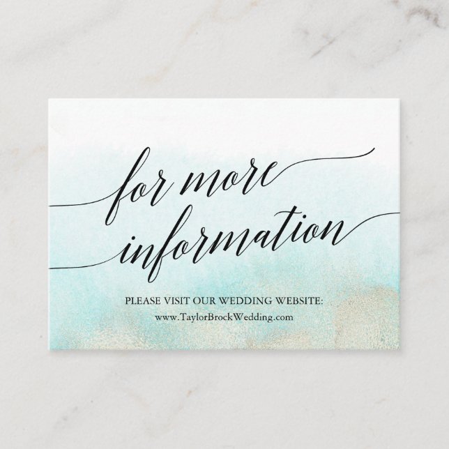 Aqua and Gold Watercolor Beach Wedding Website Enclosure Card (Front)
