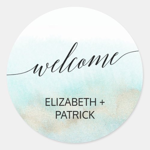 Aqua and Gold Watercolor Beach Wedding Welcome Classic Round Sticker