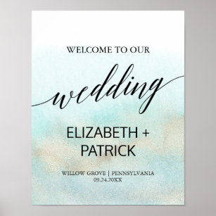 Aqua and Gold Watercolor Beach Wedding Welcome Poster