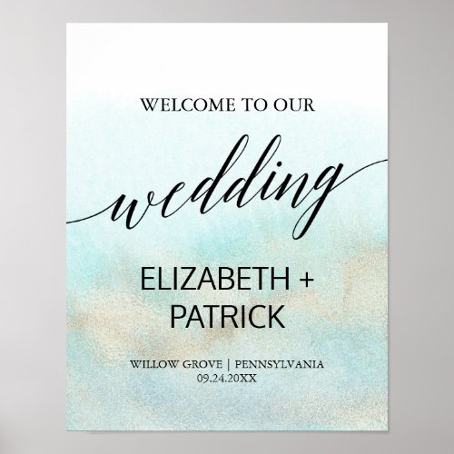 Aqua and Gold Watercolor Beach Wedding Welcome Poster