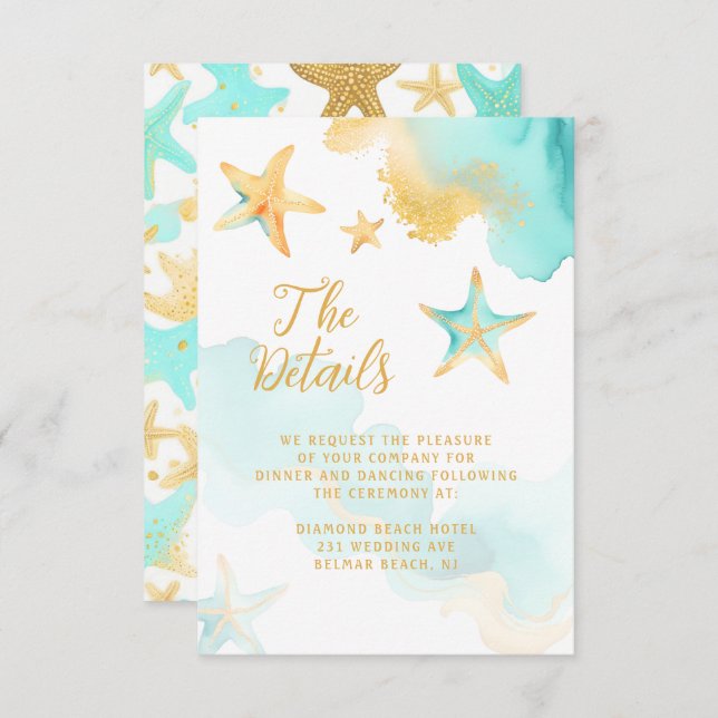 Aqua And Gold Watercolor Beachy Starfish Wedding  Enclosure Card (Front/Back)