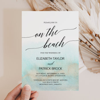 Aqua And Gold Watercolor On The Beach Wedding Invitation by FreshAndYummy at Zazzle