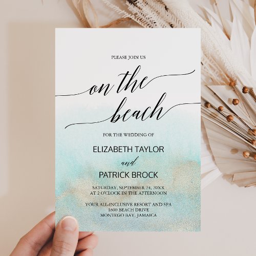 Aqua and Gold Watercolor On The Beach Wedding Invitation