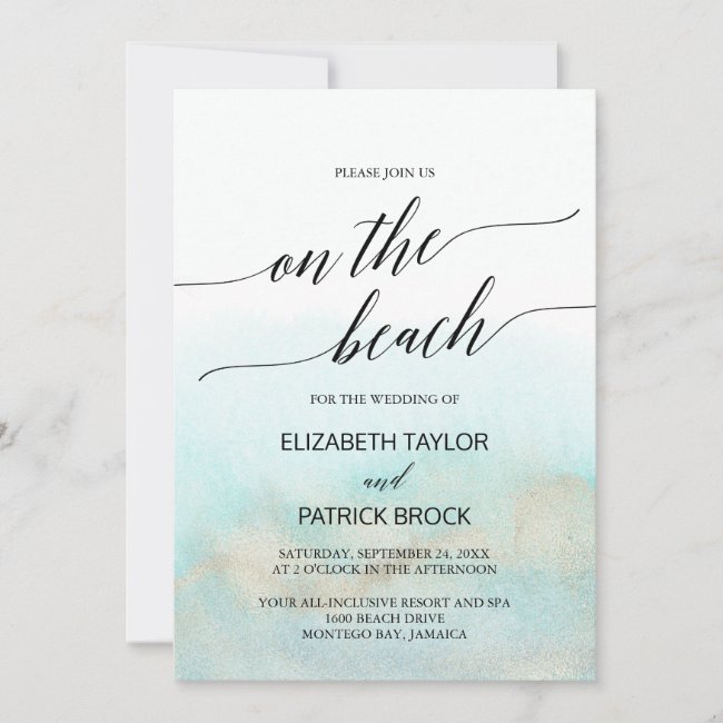 Aqua and Gold Watercolor On The Beach Wedding Invitation