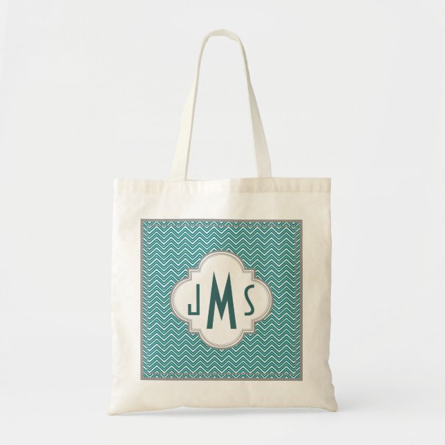 Aqua and Gray Chevron Monogram Bag (Front)